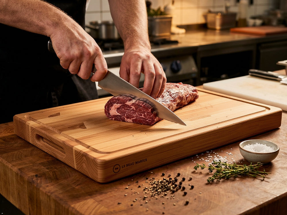 Planche épaisse en hêtre massif utilisée pour découper de la viande en cuisine
